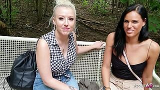 Two real German Teen talk to Amateur FFM 3Some in Public Park