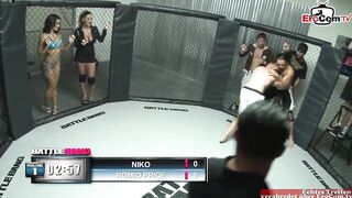 Skinny Babe with dark hair fuck with the boxer in the ring