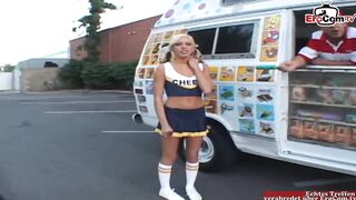 Tiny boobs girl in a mini skirt picked up at the street fucked in a car and gets a facial