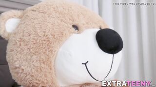 Ginger petite rides strapon teddy bear before riding cock