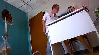 Blowjob in the office. The maid sucks the master's dick. Deep Throat. Hairy pussy, hairy pubis. ENF